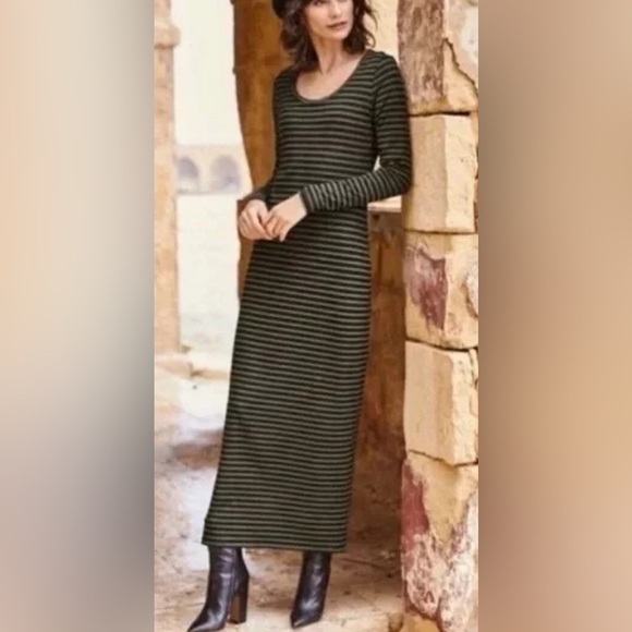 Peruvian Connection | Andover Green & Black Striped Long Sleeve Maxi Dress Large - Picture 1 of 11